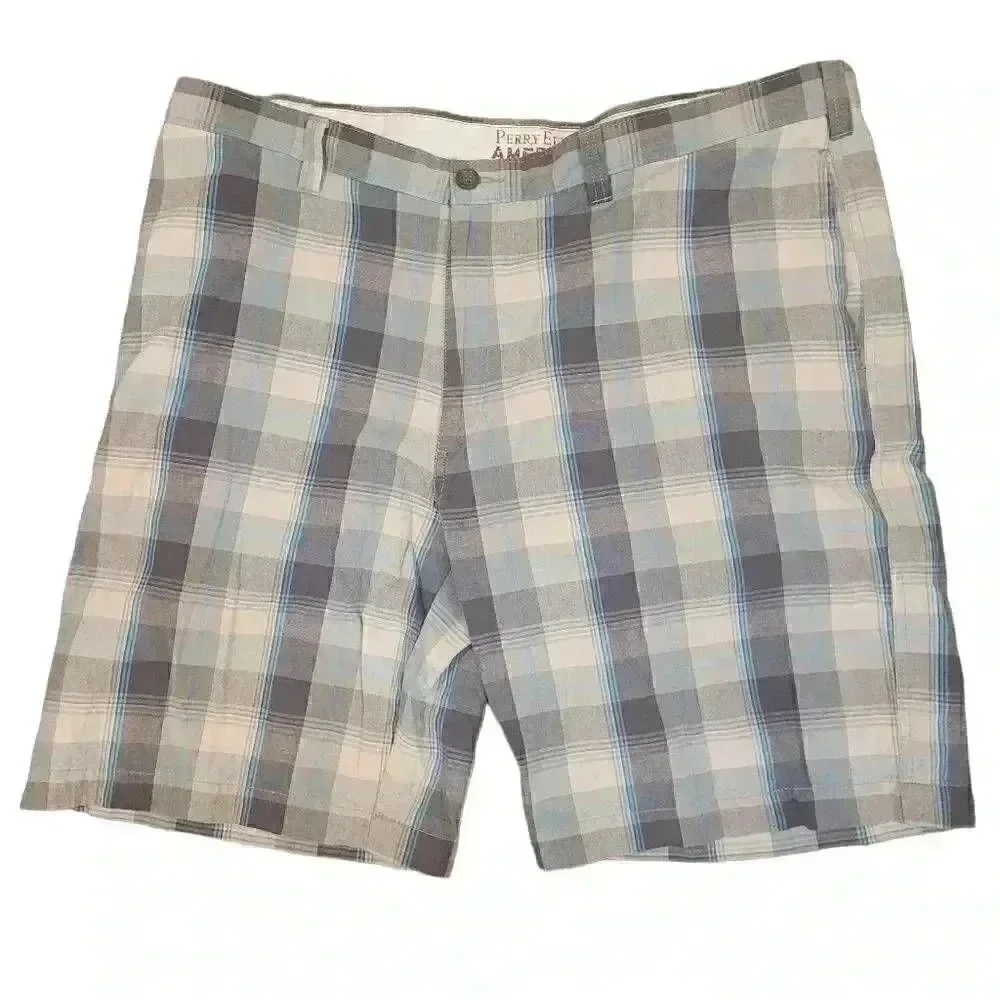 𝅺Perry Ellis America Men's White/Blue Plaid Cotton Flat Front Chino Shorts